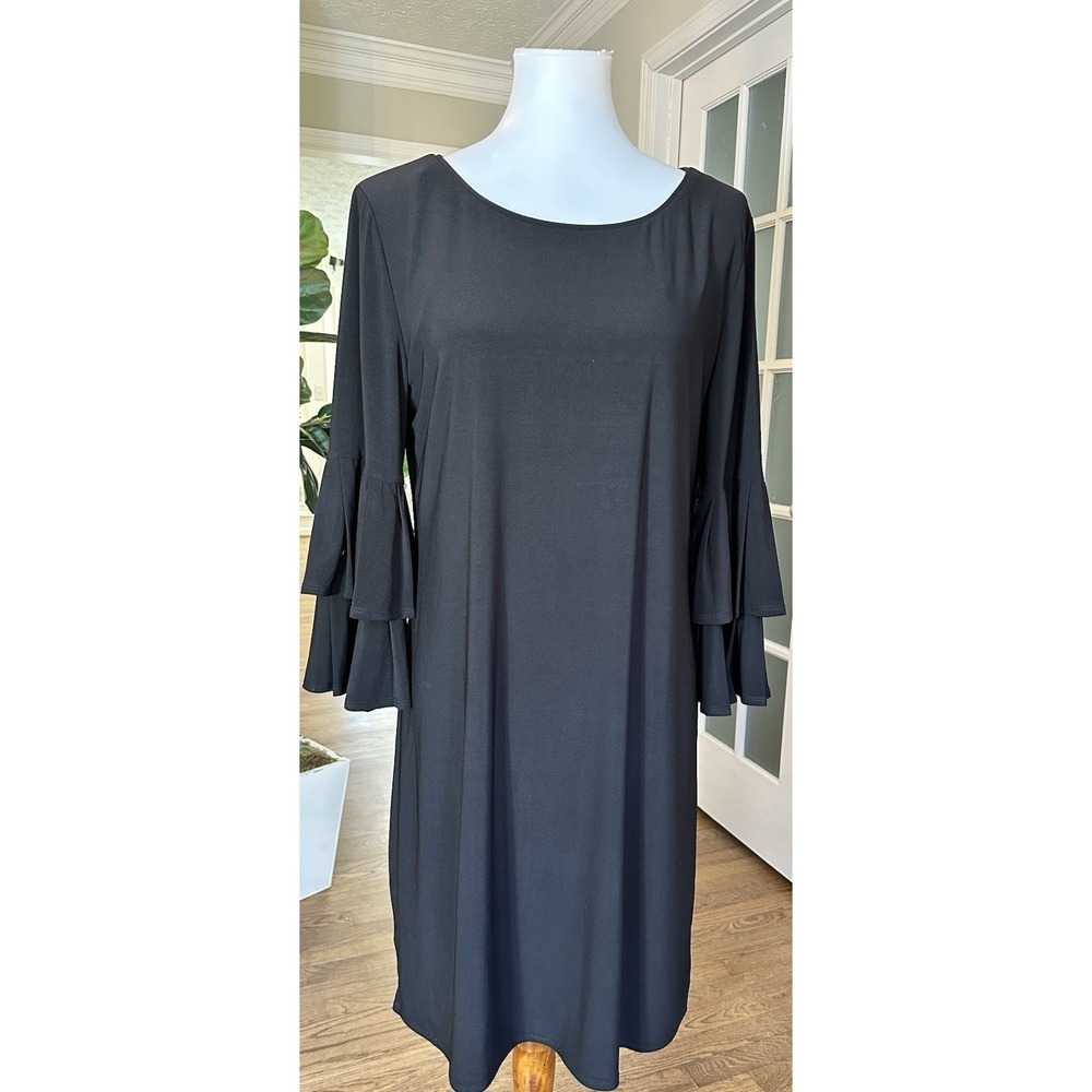 Laundry by Shelli Segal Shift Dress Medium Black Ruffle Bell Sleeve $138